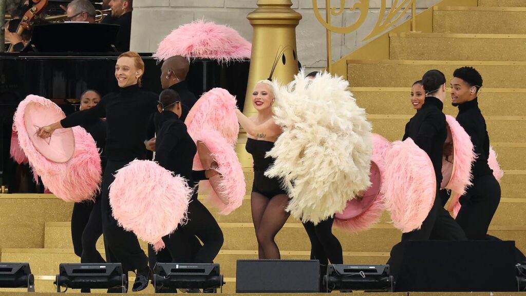 American Singer-Songwriter Lady Gaga performs at the Olympic Games Paris 2024 on July 26, 2024 in Paris, France.